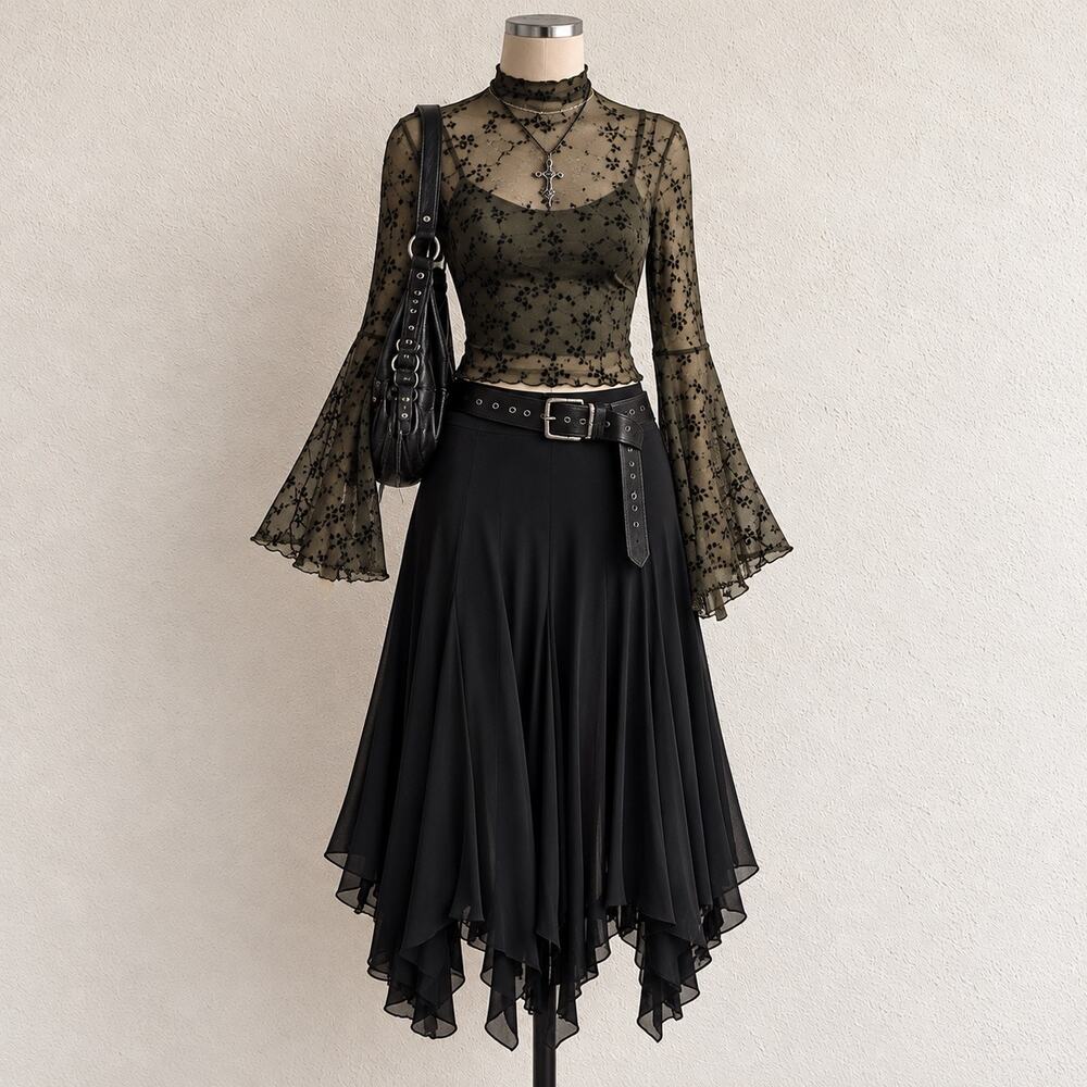 100% Silk Handkerchief Hem Midi Skirt Layered Chiffon 90s Soft Goth Sz. 14
